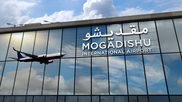 Самолёты Приземляются Могадишо Сомали Рендеринг Иллюстрации Прибытие Город Стеклянным Терминалом — стоковое фото