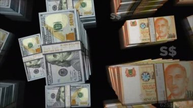 Amerikan Doları ve Singapur Dolar değişimi. Banknotlar tomar tomar. Ticaret, ekonomi, rekabet, kriz, çatışma, rekabet ve finans kavramı. Döngüsüz 3D notalar.