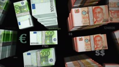 Euro ve Singapur Doları para değişimi. Kağıt banknotlar tomar tomar. Ticaret, ekonomi, rekabet, kriz, çatışma, rekabet ve finans kavramı. Döngüsüz 3D canlandırma notaları.