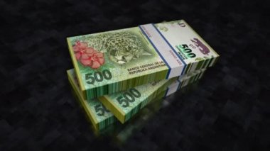 Arjantin Peso para yığını. Ekonomi, bankacılık, iş, kriz, durgunluk, borç ve finans konularının kavramı. 500 ARS banknot yığınları 3D animasyon.