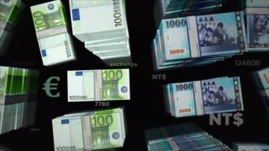 Euro ve Tayvan Doları değişimi. Kağıt banknotlar tomar tomar. Ticaret, ekonomi, rekabet, kriz, çatışma, rekabet ve finans kavramı. Döngüsüz 3D canlandırma notaları.