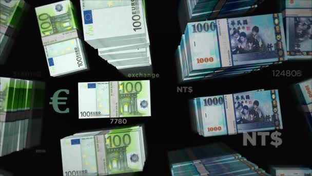 Euro Dólar Taiwan Troca Moeda Pacote Notas Papel Conceito Comércio — Vídeo de Stock