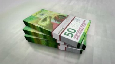 İsviçre Frangı para yığını. İsviçre 'de ekonomi, bankacılık, işletme, kriz, durgunluk, borç ve finans konularının konsepti. CHF banknotları 3d animasyonu istifliyor.