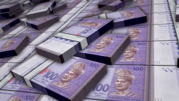 马来西亚林吉特钞票捆扎圈 Myr的钱堆栈 银行和金融的概念 相机在现金包上 可浏览无缝3D动画 — 图库视频影像
