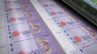 Malezya Ringgit para basma makinesi döngüsü banknotları. Kağıt MYR banknot baskısı 3D döngü kusursuz. Soyut bankacılık, borç, finans, ekonomi ve kriz kavramı.
