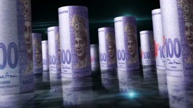 Malezya Ringgit döngüsü 3D animasyon. Masada para var. Kusursuz ve döngüsüz soyut ekonomi, finans, iş ve durgunluk kavramı. MYR ile banknotlar arasındaki kamera..