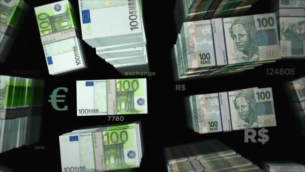 Euro Och Brasilien Real Money Exchange Förpackning Med Papperssedlar Begreppet — Stockvideo