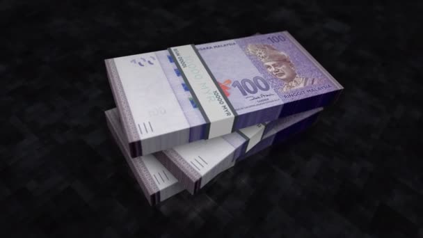 マレーシアリンギットのお金の山パック ビジネス 金融の概念的背景 100 Myr紙幣は3Dアニメーションをスタック — ストック動画