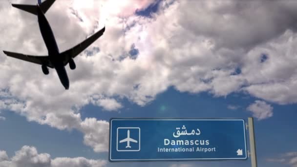 Samolot Ląduje Damaszku Syrii Przyjazd Lotniska Kierunku Szyld Zachód Słońca — Wideo stockowe