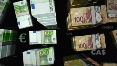 Euro ve Canada Dolar değişimi. Kağıt banknotlar tomar tomar. Ticaret, ekonomi, rekabet, kriz, çatışma, rekabet ve finans kavramı. Döngüsüz 3D canlandırma notaları.