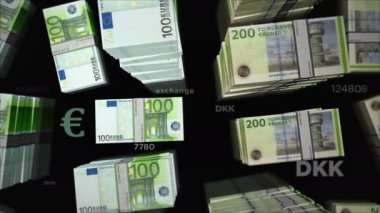 Euro ve Danimarka Kronu para değişimi. Kağıt banknotlar tomar tomar. Ticaret, ekonomi, rekabet, kriz, bankacılık ve finans kavramı. Döngüsüz 3D canlandırma notaları.