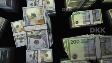 Amerikan Doları ve Danimarka Kronu para değişimi. Banknotlar tomar tomar. Ticaret, ekonomi, rekabet, kriz, bankacılık ve finans kavramı. Döngüsüz 3D notalar.