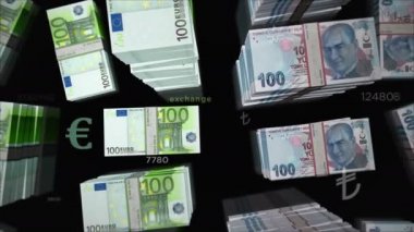 Euro ve Turkey Lira para değişimi. Kağıt banknotlar tomar tomar. Ticaret, ekonomi, rekabet, kriz, bankacılık ve finans kavramı. Döngüsüz 3D canlandırma notaları.
