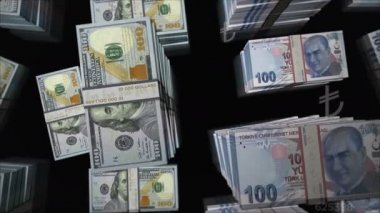 American Dollar ve Turkey Lira para değişimi. Banknotlar tomar tomar. Ticaret, ekonomi, rekabet, kriz, bankacılık ve finans kavramı. Döngüsüz 3D notalar.