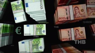 Euro ve Tayland Baht para değişimi. Kağıt banknotlar tomar tomar. Ticaret, ekonomi, rekabet, kriz, bankacılık ve finans kavramı. Döngüsüz 3D canlandırma notaları.