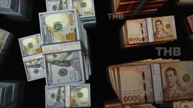 Amerikan Doları ve Tayland Baht para değişimi. Banknotlar tomar tomar. Ticaret, ekonomi, rekabet, kriz, bankacılık ve finans kavramı. Döngüsüz 3D notalar.