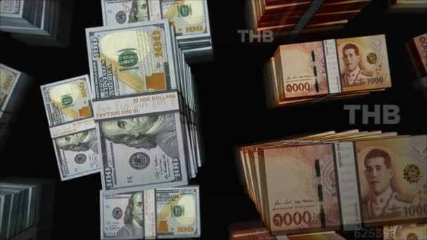 米ドルとタイバーツの両替 銀行券パックバンドル 銀行と金融の概念 ノートループ可能なシームレス3D — ストック動画