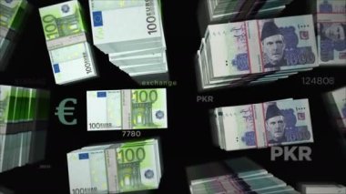 Euro ve Pakistan Rupi para değişimi. Kağıt banknotlar tomar tomar. Pakistan 'da ticaret, ekonomi, rekabet, kriz, bankacılık ve finans kavramı. Döngüsüz 3D canlandırma notaları.