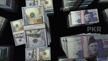 Amerikan Doları ve Pakistan Rupisi para değişimi. Banknotlar tomar tomar. Pakistan 'da ticaret, ekonomi, rekabet, kriz, bankacılık ve finans kavramı. Döngüsüz 3D notalar.