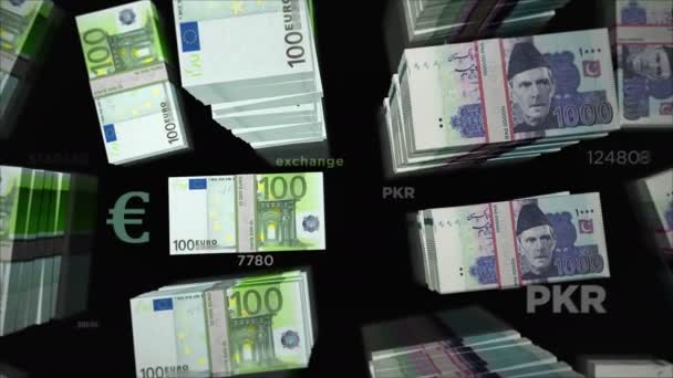 Euro Och Pakistanska Rupier Växlar Pengar Förpackning Med Papperssedlar Begreppet — Stockvideo