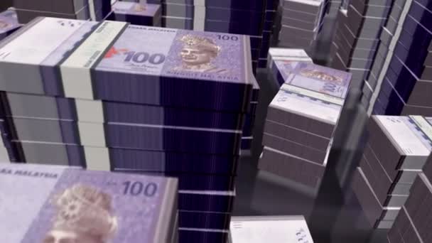 Malásia Ringgit Dinheiro Notas Pacotes Loop Voo Sobre Torres Pilhas — Vídeo de Stock