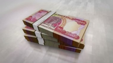 Irak Dinarı para yığını. Ekonomi, bankacılık, iş, kriz, durgunluk, borç ve finans konularının kavramı. IQD banknotları 3d animasyon dizer.