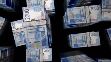 Rus Rublesi 3D animasyon banknotları. Para paketleri. Kamera görüntüsü şehirlerarası. Rusya 'da enflasyon, ekonomi, kriz, iş, başarı, bankacılık, borç ve finans kavramı.