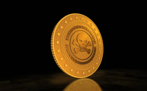 Πειρατεία Κρανίο Haking Σύμβολο Κυβερνοεπίθεση Και Έγκλημα Χρυσό Νόμισμα Πράσινο — Φωτογραφία Αρχείου