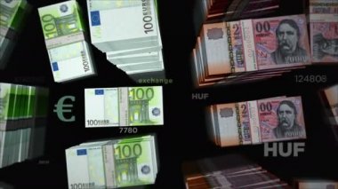 Euro ve Macaristan Forint para değişimi. Kağıt banknotlar tomar tomar. Macaristan 'da ticaret, ekonomi, rekabet, kriz, bankacılık ve finans kavramı. Döngüsüz 3D canlandırma notaları.