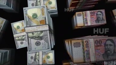 Amerikan Doları ve Macar Forint para değişimi. Banknotlar tomar tomar. Macaristan 'da ticaret, ekonomi, rekabet, kriz, bankacılık ve finans kavramı. Döngüsüz 3D notalar.