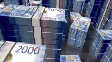 Rus Rublesi para paketleri döngüsü. Rub 'un üzerinde 3D uçuş, kuleleri desteler. Rusya 'da iş dünyası, ekonomi krizi ve finans konsepti.