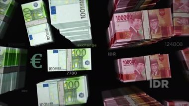 Euro ve Endonezya Rupiah para değişimi. Kağıt banknotlar tomar tomar. Endonezya 'da ticaret, ekonomi, rekabet, kriz, bankacılık ve finans kavramı. Döngüsüz 3D canlandırma notaları.