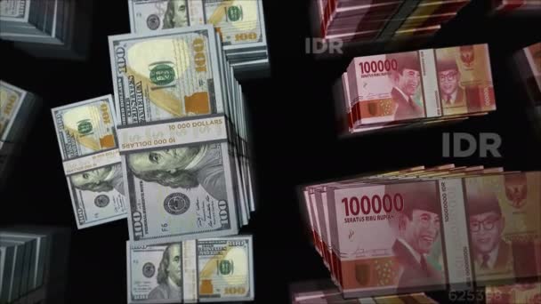 Αμερικανικό Δολλάριο Και Ινδονησιακή Ρουπία Ανταλλαγή Χρημάτων Πακέτο Χαρτονομισμάτων Έννοια — Αρχείο Βίντεο