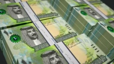 Bahreyn Dinar para paketi 3D animasyon döngüsü. Döngüsüz finans, nakit, ekonomi, iş ve banka kavramı. Kamera 10 BHD banknot destesi üzerinde hareket ediyor.