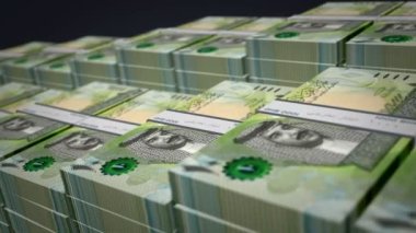 Bahreyn Dinar 'ın banknotları büyümeye devam ediyor. BHD para yığınları. Para paketi, bankacılık, seyahat, iş, ekonomi ve finans kavramı. Döngüsüz 3D canlandırma.