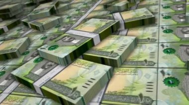 Bahreyn Dinar banknot döngüsü. BHD para yığınları. İş, ekonomi, bankacılık ve finans kavramı. Para paketlerinin üzerinde kamera var. Döngüsüz 3D canlandırma.
