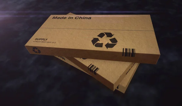 中国製のボックス生産ライン 中国の製造と配達 製品工場と輸出 アブストラクトコンセプト3Dレンダリングイラスト — ストック写真
