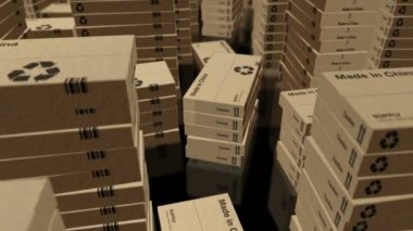 Çin yapımı kutu üretim hattı. PRC üretim ve teslimat. Ürün fabrikası ve ihracat. Soyut konsept 3D çevrilebilir kusursuz animasyon. Yığınlar arasında uçan kamera.