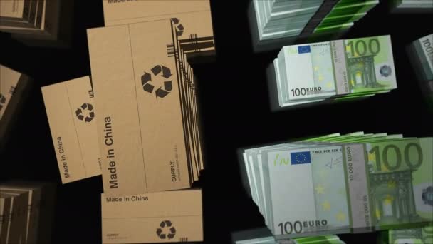 Made China Box Line Euro Money Bundle Stacks Export Trade — Stockvideo