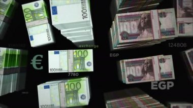Euro ve Mısır Pound para değişimi. Kağıt banknotlar tomar tomar. Ticaret, ekonomi, rekabet, kriz, bankacılık ve finans kavramı. Döngüsüz 3D canlandırma notaları.