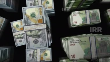 Amerikan Doları ve İran Riyal para değişimi. Banknotlar tomar tomar. Ticaret, ekonomi, rekabet, kriz, bankacılık ve finans kavramı. Döngüsüz 3D notalar.
