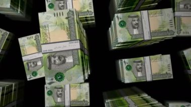 Bahreyn Dinar para paketleri döngüsü. BHD banknotları üzerinde 3D uçuş kuleleri istifler. Döngüsüz, soyut iş dünyası, ekonomi krizi ve finans kavramı.