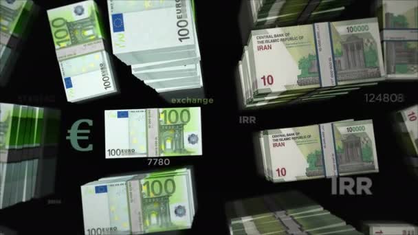 Euro Iran Rial Wymiany Pieniędzy Papierowe Banknoty Pakują Paczkę Pojęcie — Wideo stockowe