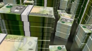 Bahreyn Dinar para paketleri döngüsü. BHD banknotları üzerinde 3D uçuş kuleleri istifler. Döngüsüz, soyut iş dünyası, ekonomi krizi ve finans kavramı.