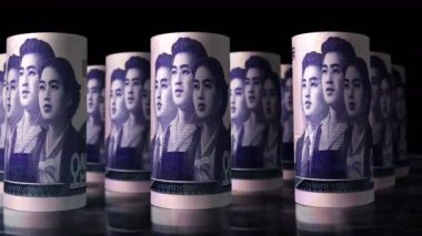 Kuzey Kore won roll döngüsü 3D animasyon. Kamera KPW 'nin önünde hareket ediyor. Kusursuz döngüsüz ekonomi, finans, iş ve borç kavramı.