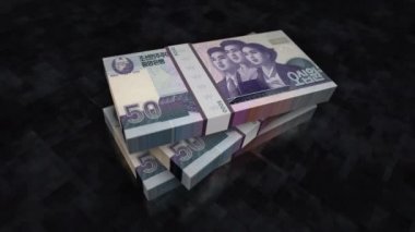 Kuzey Kore para yığını kazandı. Ekonomi, bankacılık, iş, kriz, durgunluk, borç ve finans konularının kavramı. 50 KPW banknotları 3D animasyon dizer.