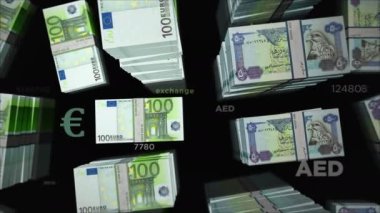 Avrupa ve Arap Emirlikleri Dirhams para değişimi. Kağıt banknotlar tomar tomar. Ticaret, ekonomi, rekabet, kriz, bankacılık ve finans kavramı. Döngüsüz 3D canlandırma notaları.