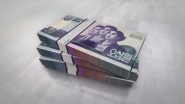 Kuzey Kore para yığını kazandı. Ekonomi, bankacılık, iş, kriz, durgunluk, borç ve finans konularının kavramı. 50 KPW banknotları 3D animasyon dizer.