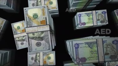 Amerikan Doları ve Arap Emirlikleri para değişimi. Banknotlar tomar tomar. Ticaret, ekonomi, rekabet, kriz, bankacılık ve finans kavramı. Döngüsüz 3D notalar.