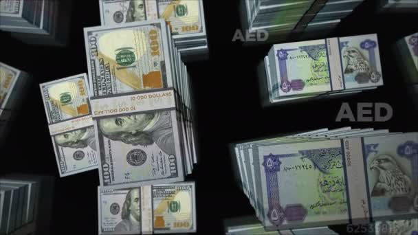 美元和阿拉伯联合酋长国迪尔哈姆货币兑换 钞票包扎 银行和金融的概念 易漏洞无缝D — 图库视频影像